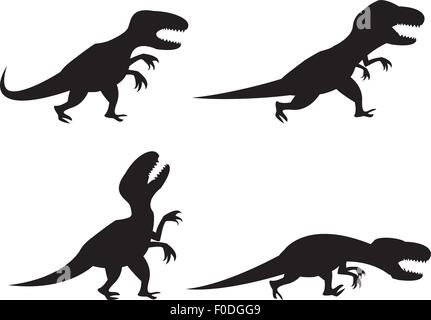 Schwarze Silhouette des T-Rex und Velociraptor in Bewegung, wütend, Lauf, brüllen und Jagd Stock Vektor