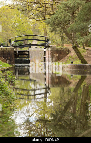 Ein Blick von der Bank von Basingstoke Canal einer Sperre, die Brücke über die Sperre zeigt. Stockfoto