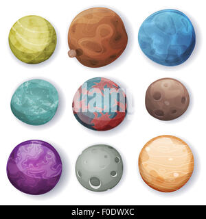 Abbildung einer Reihe von verschiedenen Comic-Planeten, Monden, Asteroiden und fremde Erde Globen Stockfoto