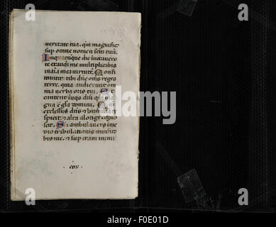 Der Codex Pollick, wahrscheinlich ein mittelalterliches Stundenbuch, ist ein religiöses Manuskript, das Gebete und Andachten zeigt, oft wunderschön beleuchtet und handschriftlich geschrieben, was die christliche Hingabe im Mittelalter widerspiegelt. Stockfoto