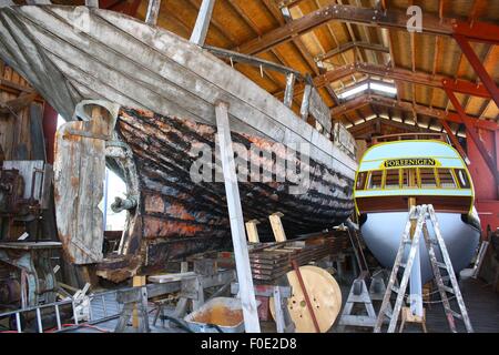 Holzboot, Flensburg, Deutschland, Bootfahren, Holzarbeiten, Boot-Restaurierung, Holz, Stockfoto