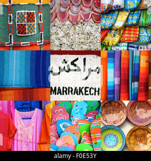 Zusammensetzung von 9 Bildern in ein quadratisches Format, einschließlich Produkte gefunden in der alten Medina oder Souk von Marrakesch in Nahaufnahme Stockfoto