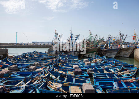 Blaue Angelboote/Fischerboote in den Hafen von Essaouira 2014. Die Altstadt von Essaouira ist Teil des UNESCO-Welterbes. Stockfoto