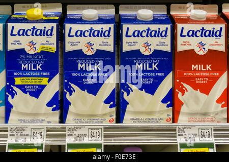 Kartons von Lactaid, 100 % Laktose freie Milch zum Verkauf. Stockfoto