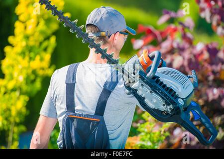 Professionelle Gärtner mit großen Benzin Heckenschere arbeiten. Sommer-Garten-Pflege. Stockfoto