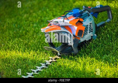 Hecke schneiden Sicherheit. Leistungsstarke Benzin-Heckenschere mit Sicherheitszubehör; Handschuhe und Schutzbrille. Landschaftsbau Sicherheit Co Stockfoto