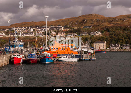 Das Rettungsboot und Fischereiflotte im Hafen von Mallaig, Lochaber, Schottland Stockfoto