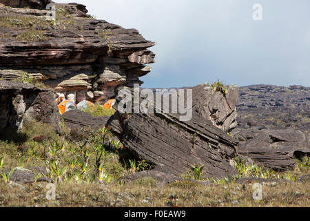 Drei Orangen Zelte auf Mount Roraima. Das sind Hotel am Mount Roraima aus den Reiseführern, Gran Sabana nannten wir Stockfoto