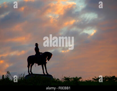 Gettysburg National Park Denkmal Pferd und Soldat Sonnenuntergang, Himmel Stockfoto