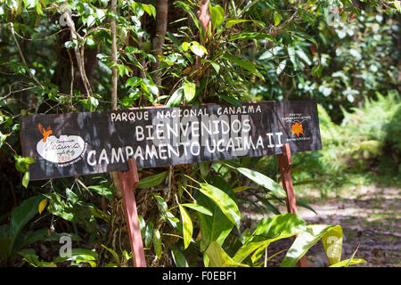 Grünen tiefen Wald mit Holzschild willkommen. Canaima-Nationalpark. Venezuela-2015 Stockfoto