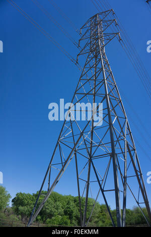 Powerline steht hoch über dem grünen Wald-Feld in Südkalifornien. Stockfoto