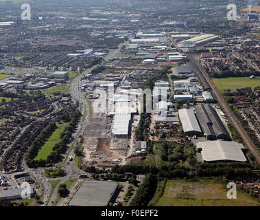 Luftaufnahme von Alban Retail Park, Warrington, Cheshire, UK Stockfoto