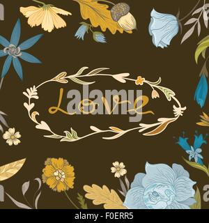 Vector Skizze Doodle Thanksgiving Karte mit Vintage Blumen auf braunem Hintergrund Stock Vektor