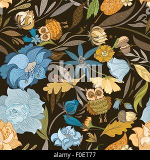Nahtlose Herbst Vintage Textur mit Blumen, Wald-Blätter, Eule auf dunklem Hintergrund Stock Vektor