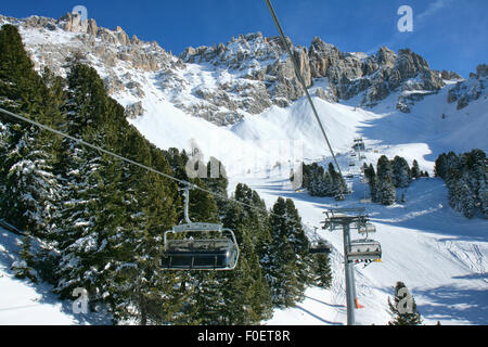 Skifahren in den Dolomiten, Kabinen für den Skifahrer über dem Horizont im Hintergrund Berge. Val di Fiemme, Italien. Stockfoto