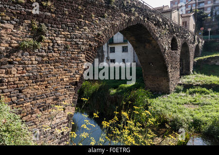 Mittelalterliche Brücke von Sant Joan Les Fonts über Fluss Fluvia. Stockfoto