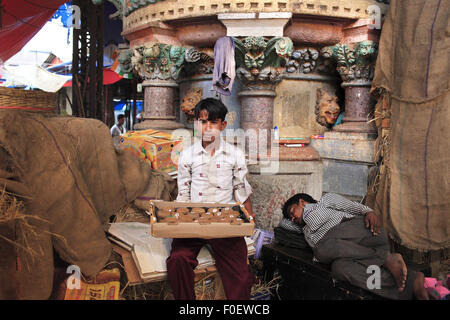 Mumbai, Maharashtra. 6. April 2014. 2. April 2014, Mumbai - India.View des Wassers Brunnen in Crawford Market in Mumbai wurden entworfen von John Lockwood Kipling, der Vater des Schriftstellers Rudyard Kipling. Heute sieht man Kiplings Brunnen innerhalb des Marktes selbst, im Marktgebiet Vogel. Obwohl oft teilweise durch versteckte Kisten mit Obst und Gemüse kann man die Schutzgöttin Tiere und der Indian River Göttin machen geformt und hell im klassischen Stil bemalt. Die Friese am äußeren Eingang Darstellung indischen Bauern und Steinbrunnen im Inneren wurden von John Lockwood K entworfen. Stockfoto