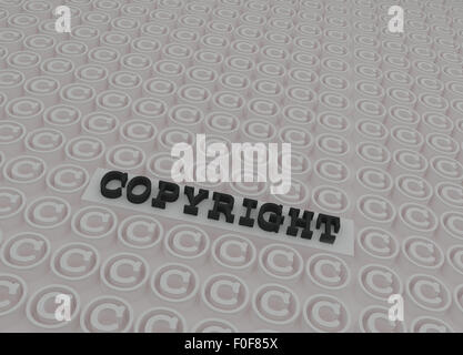 Schwarz 3d copyright text auf der Plattform in 3d Copyright weiße Symbole. Stockfoto