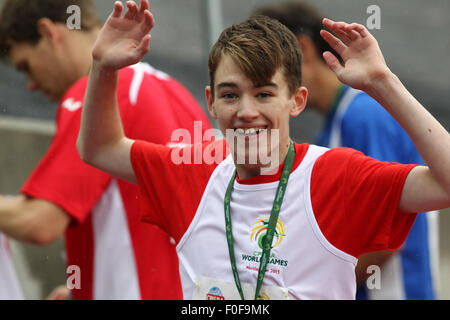 Nottingham, UK. 14. August 2015. 2015 Zerebralparese World Games. Leichtathletik-Event. Freude von Joseph Strong aus England gewonnen zu haben nur 200m © Action Plus Sport/Alamy Live News Stockfoto