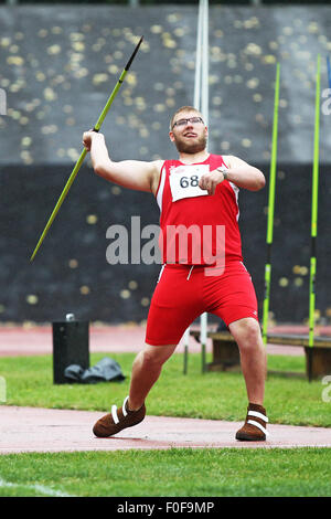 Nottingham, UK. 14. August 2015. 2015 Zerebralparese World Games. Leichtathletik-Event. Michael Steiner von Österreich in Aktion in der Mens Javelin Veranstaltung © Action Plus Sport/Alamy Live News Stockfoto