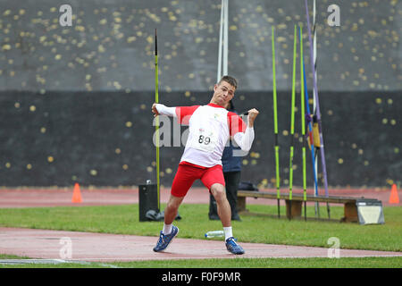 Nottingham, UK. 14. August 2015. 2015 Zerebralparese World Games. Leichtathletik-Event. William Baxter von England in die Mens Speer Veranstaltung © Action Plus Sport/Alamy Live News Stockfoto