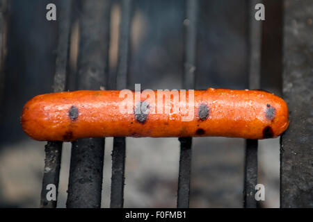 Nahaufnahme eines Hot Dogs auf dem Lagerfeuer grill Stockfoto