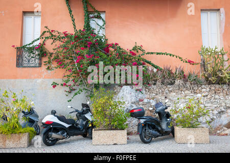 Roller geparkt und blühende Bougainvillea auf Altstadt Straße in Villefranche-Sur-Mer an der Côte d ' Azur, Frankreich. Stockfoto