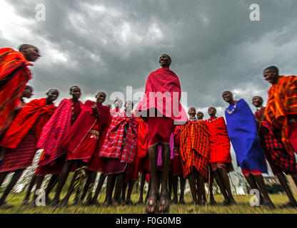 Traditionelle springen tanzen Massai Mara Naboisho Conservancy Kenia Afrika Stockfoto