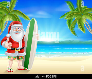 Cartoon-Santa hält ein Surfbrett und ein Daumen aufgeben in seinem Boardshorts und Sandalen an einem Strand mit Palmen in der backg Stockfoto