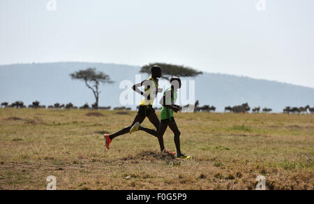 Masai Mara, Kenia. 15. August 2015. Profisportler laufen während des Masai Mara-Marathons in Masai Mara Game Reserve, Kenia, 15. August 2015. Kenia statt seiner 7. Masai-Mara-Marathon ist eine Veranstaltung für Gemeinwohl zur Förderung von Umweltschutz und lokale Bildung am Samstag im Masai Mara Game Reserve in Kenia. Bildnachweis: Sun Ruibo/Xinhua/Alamy Live-Nachrichten Stockfoto