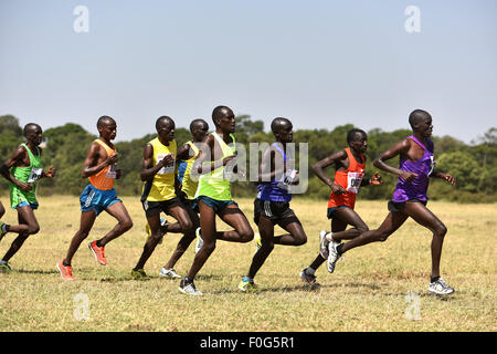 Masai Mara, Kenia. 15. August 2015. Profisportler laufen während des Masai Mara-Marathons in Masai Mara Game Reserve, Kenia, 15. August 2015. Kenia statt seiner 7. Masai-Mara-Marathon ist eine Veranstaltung für Gemeinwohl zur Förderung von Umweltschutz und lokale Bildung am Samstag im Masai Mara Game Reserve in Kenia. Bildnachweis: Sun Ruibo/Xinhua/Alamy Live-Nachrichten Stockfoto