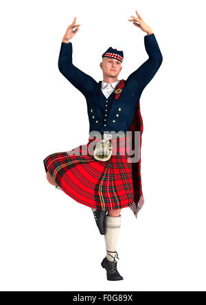 Digitale 3D Rendern ein Highlander tragen einen schottischen Kilt tanzen isolierten auf weißen Hintergrund Stockfoto