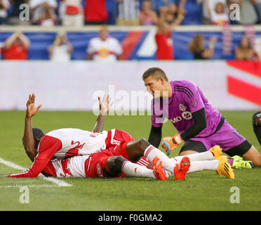 Harrison, New Jersey, USA. 15. August 2015. New York Red Bulls forward Bradley Wright-Phillips (99) feiert das einzige Tor aus der ersten Hälfte während die MLS-Spiel zwischen den New York Red Bulls und Toronto FC in Red Bull Arena in Harrison, New Jersey. Mike Langish/Cal-Sport-Medien. © Csm/Alamy Live-Nachrichten Stockfoto