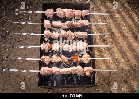 Sechs Spieße mit rohem Fleisch auf einen Rüffel Stockfoto