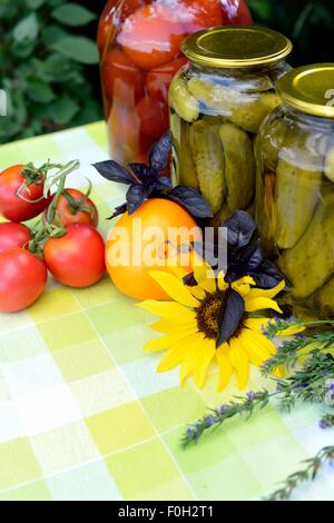 Gläsern von hausgemachten Marmeladen: Tomaten und Gurken. Stockfoto