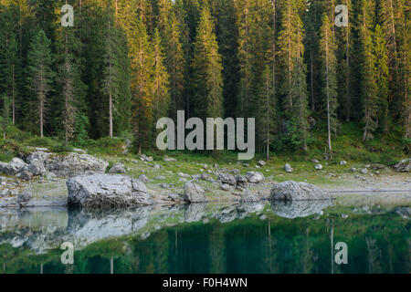 Spiegelung Karersee See, Lago di Carezza, Karersee, Dolomiten, Provinz Trentino, Südtirol, Italien Stockfoto