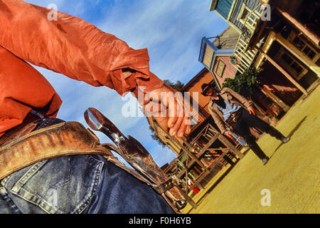 Cowboys im Freizeitpark im Western-Stil von Texas Hollywood/Fort Bravo. Texas Hollywood/Fort Bravo. Almeria. Spanien Stockfoto