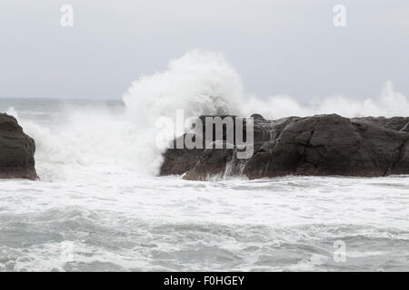 Stürmische See mit Wellen auf den Felsen, während der Taifun Souledor Stockfoto
