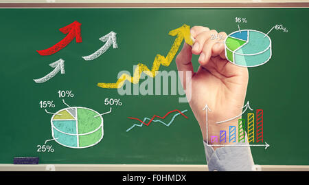 Handzeichnung steigende Pfeile und Grafiken an grüne Tafel Stockfoto