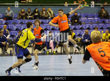 Kiew, UKRAINE - 2. April 2013: Ukrainische Handballer (in gelb) spielen ein Spiel gegen die Niederlande in Qualifikation für Handball EHF EURO 2014 am 2. April 2013 in Kiew, Ukraine Stockfoto