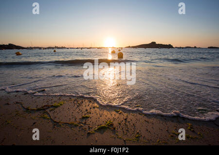 Munitionsdepot Küste Abend Sommer Ansicht (zwischen Perros-Guirec und Telstar-Bodou, Bretagne, Frankreich). Der rosa Granit Küste. Stockfoto