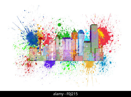 Seattle Washington Downtown City Skyline in Lackfarben Splatter isoliert auf weißem Hintergrund Illustration Stockfoto