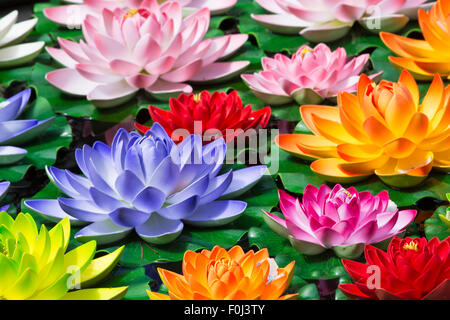 Künstliche Lotus Textilblumen schwebend in einem kleinen Teich in Jade-Tempel in Shanghai. Stockfoto