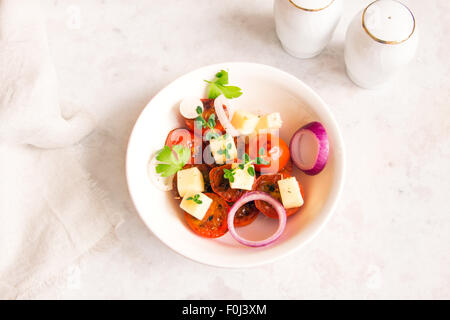 Gebratene Tomaten, Käse, Zwiebel und Kräuter Salat in Schüssel weiß Stockfoto