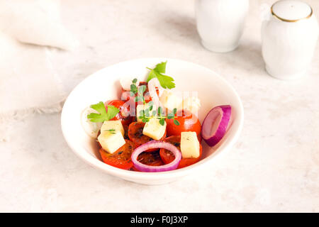 Gebratene Tomaten, Käse, Zwiebel und Kräuter Salat in Schüssel weiß Stockfoto