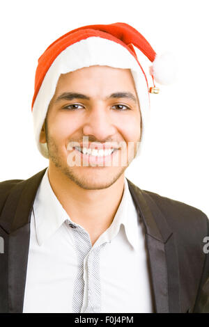Glückliche junge Manager trägt eine rote Weihnachtsmütze Stockfoto