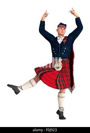 Digitale 3D Rendern ein Highlander tragen einen schottischen Kilt tanzen isolierten auf weißen Hintergrund Stockfoto