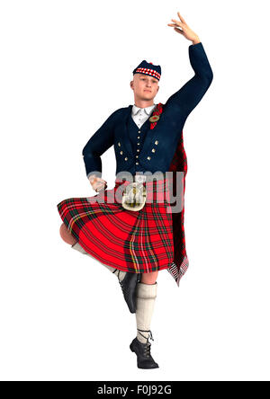 Digitale 3D Rendern ein Highlander tragen einen schottischen Kilt tanzen isolierten auf weißen Hintergrund Stockfoto