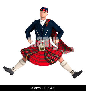 Digitale 3D Rendern ein Highlander tragen einen schottischen Kilt tanzen isolierten auf weißen Hintergrund Stockfoto