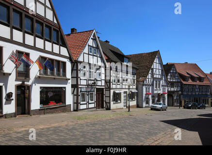 Blomberg, Weserbergland, Wohnhaeuser Langer Steinweg, Fachwerkhaeuser, Dielenhaeuser, Naturpark Teutoburger Wald / Eggegebirge, Nordrhein-Westfalen Stockfoto